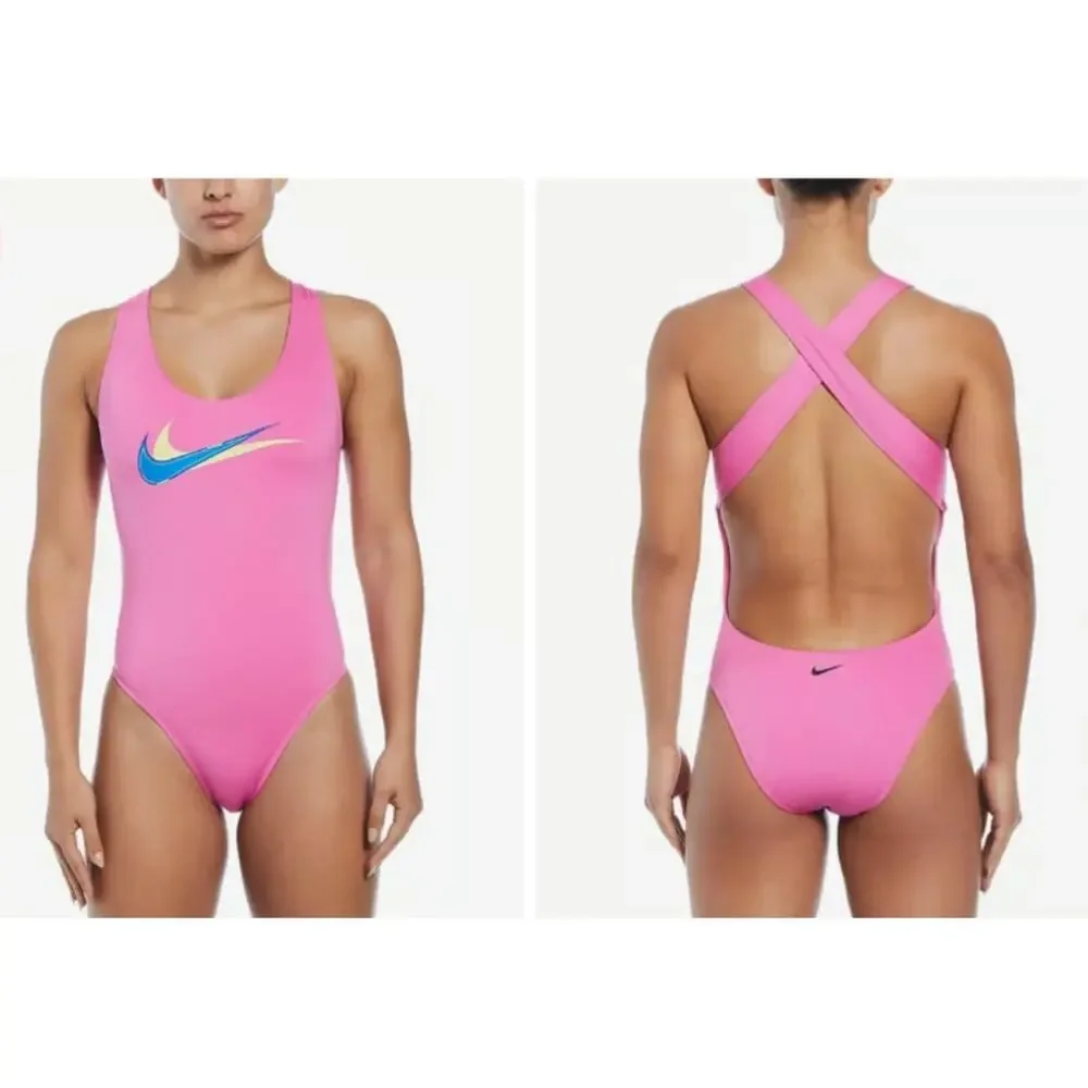 New NWT Nike Swim Multi Logo Pink Blue Women's Swimsuit One‎ Piece Size Small